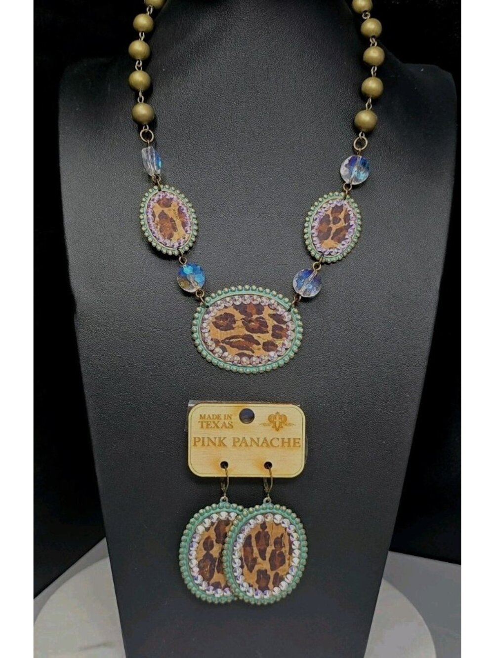 Pink Panache Teal Leopard Necklace & Earrings Statement Glass Rhinestones Bling